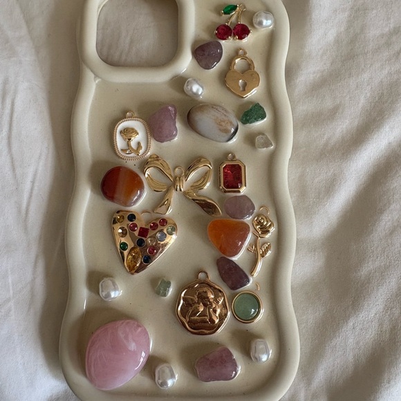 Other - Decorative Cream Phone Case with Gem Accents